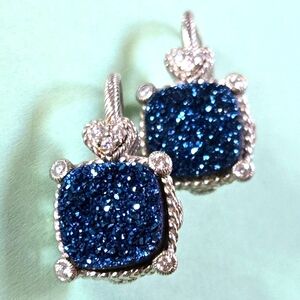 Judith Ripka 925 SS Lever Back Pierced Earrings Deep Blue Druzy And CZ